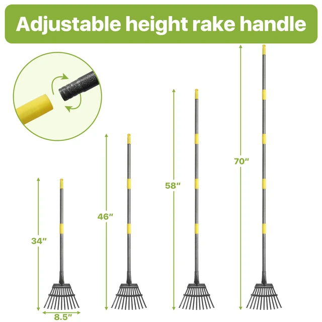 Alt view image 3 of 7 - Rake for Leaves, Small Leaf Rake for Garden, 70-inch Adjustable Metal Rakes-Tool with 11 Steel Tines for Gardening, Yard, Shrub, Flower Beds, Lawns