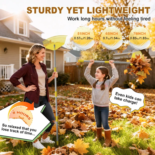 Alt view image 2 of 7 - Leaf Rake - 16.5" Wide Nylon Plastic Head,51" Adjustable Stainless Steel Handle,Heavy Duty Gardening Leaves Rake Tools for Garden Lawns,Yard,Shrub,Grass - Lightweight for Women,Seniors & Kids