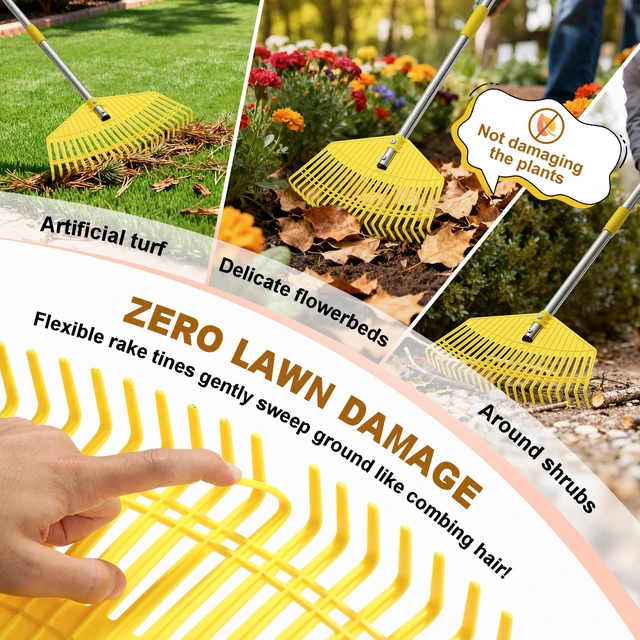 Alt view image 3 of 7 - Leaf Rake - 16.5" Wide Nylon Plastic Head,51" Adjustable Stainless Steel Handle,Heavy Duty Gardening Leaves Rake Tools for Garden Lawns,Yard,Shrub,Grass - Lightweight for Women,Seniors & Kids