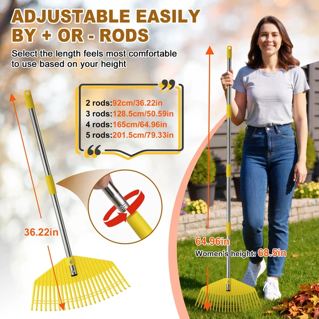 Alt view image 6 of 7 - Leaf Rake - 16.5" Wide Nylon Plastic Head,51" Adjustable Stainless Steel Handle,Heavy Duty Gardening Leaves Rake Tools for Garden Lawns,Yard,Shrub,Grass - Lightweight for Women,Seniors & Kids