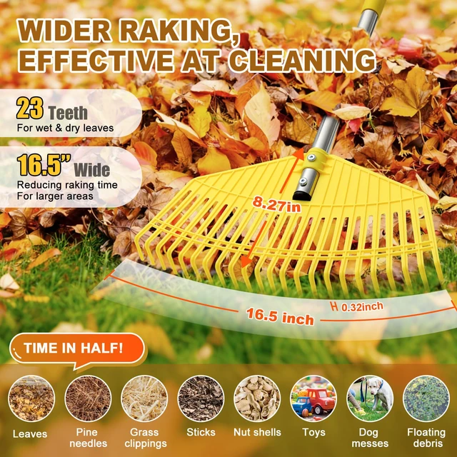 Alt view image 7 of 7 - Leaf Rake - 16.5" Wide Nylon Plastic Head,51" Adjustable Stainless Steel Handle,Heavy Duty Gardening Leaves Rake Tools for Garden Lawns,Yard,Shrub,Grass - Lightweight for Women,Seniors & Kids