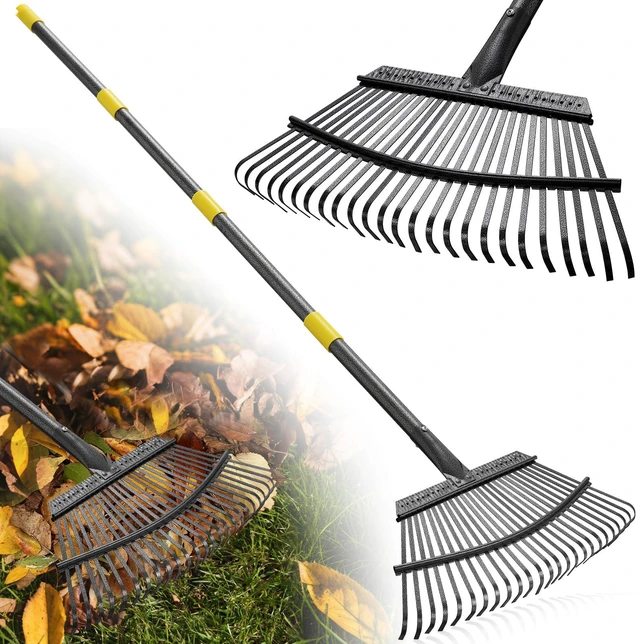 Main image of Garden Rake for Leaves: 18 Wide Metal Leaf Rake, 65 Long Adjustable Handle, Heavy Duty 25 Teeth, Fast Kids Women Large Lawn Yard Garden Leaf Cleanup Gardening Rakes: Grass,Debris,Pine Needles Pick