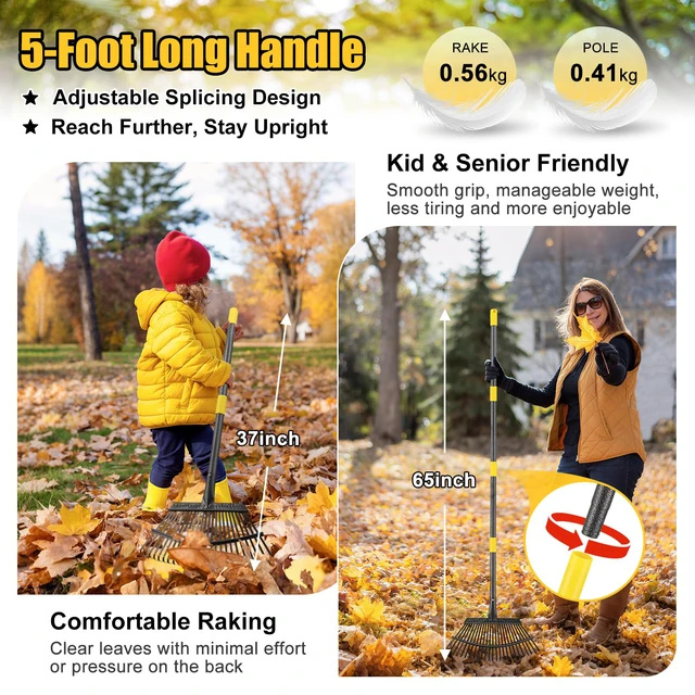 Alt view image 3 of 7 - Garden Rake for Leaves: 18 Wide Metal Leaf Rake, 65 Long Adjustable Handle, Heavy Duty 25 Teeth, Fast Kids Women Large Lawn Yard Garden Leaf Cleanup Gardening Rakes: Grass,Debris,Pine Needles Pick