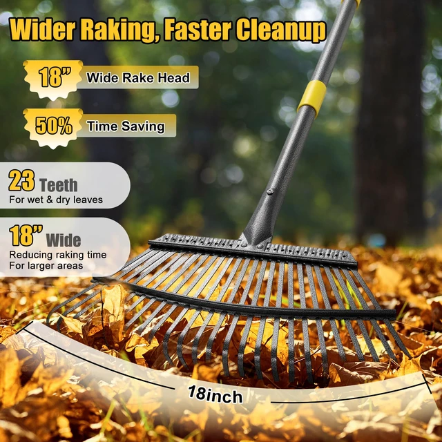 Alt view image 2 of 7 - Garden Rake for Leaves: 18 Wide Metal Leaf Rake, 65 Long Adjustable Handle, Heavy Duty 25 Teeth, Fast Kids Women Large Lawn Yard Garden Leaf Cleanup Gardening Rakes: Grass,Debris,Pine Needles Pick