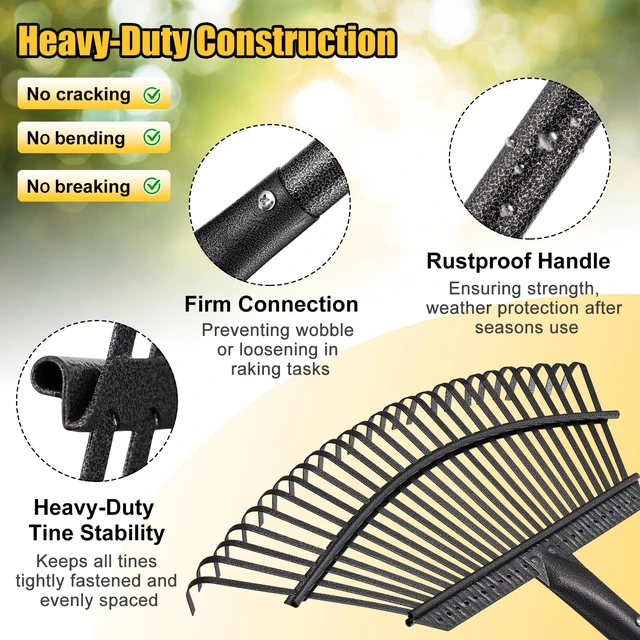 Alt view image 7 of 7 - Garden Rake for Leaves: 18 Wide Metal Leaf Rake, 65 Long Adjustable Handle, Heavy Duty 25 Teeth, Fast Kids Women Large Lawn Yard Garden Leaf Cleanup Gardening Rakes: Grass,Debris,Pine Needles Pick