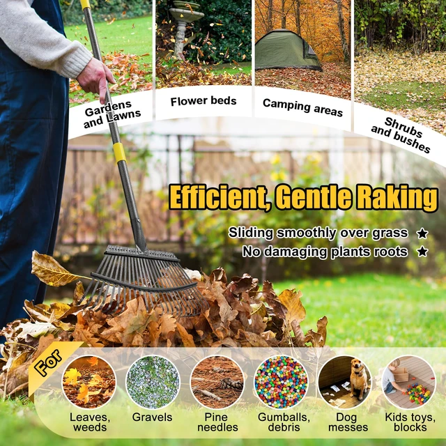 Alt view image 5 of 7 - Garden Rake for Leaves: 18 Wide Metal Leaf Rake, 65 Long Adjustable Handle, Heavy Duty 25 Teeth, Fast Kids Women Large Lawn Yard Garden Leaf Cleanup Gardening Rakes: Grass,Debris,Pine Needles Pick