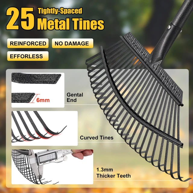 Alt view image 4 of 7 - Garden Rake for Leaves: 18 Wide Metal Leaf Rake, 65 Long Adjustable Handle, Heavy Duty 25 Teeth, Fast Kids Women Large Lawn Yard Garden Leaf Cleanup Gardening Rakes: Grass,Debris,Pine Needles Pick