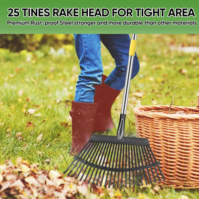 Alt view image 2 of 7 - Heavy Duty Garden Rake 6FT Long Leaf Rake for Lawn | 25Tines, 18.5 Inch Wide, Adjustable Long Handle Rakes for Leaves, Yards, Grass, Garbage, Weeds, Debris (Yellow)