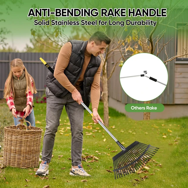 Alt view image 3 of 7 - Heavy Duty Garden Rake 6FT Long Leaf Rake for Lawn | 25Tines, 18.5 Inch Wide, Adjustable Long Handle Rakes for Leaves, Yards, Grass, Garbage, Weeds, Debris (Yellow)
