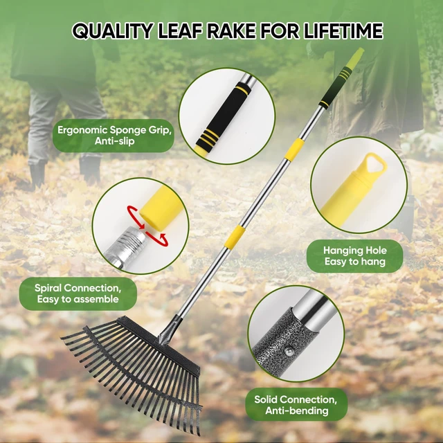 Alt view image 5 of 7 - Heavy Duty Garden Rake 6FT Long Leaf Rake for Lawn | 25Tines, 18.5 Inch Wide, Adjustable Long Handle Rakes for Leaves, Yards, Grass, Garbage, Weeds, Debris (Yellow)