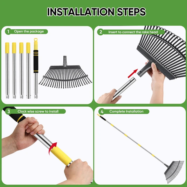 Alt view image 7 of 7 - Heavy Duty Garden Rake 6FT Long Leaf Rake for Lawn | 25Tines, 18.5 Inch Wide, Adjustable Long Handle Rakes for Leaves, Yards, Grass, Garbage, Weeds, Debris (Yellow)