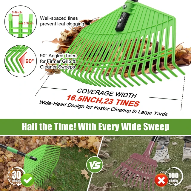 Alt view image 3 of 7 - Plastic Leaf Rake - Upgraded Anti-Break Nylon Head,65" Adjustable Outdoor Yard Rakes for Leaves,Grass,Pine Needle,Mulch,Gentle On Lawn Garden - Lightweight for Women,Seniors & Kids,Childs