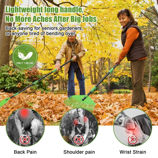 Alt view image 5 of 7 - Plastic Leaf Rake - Upgraded Anti-Break Nylon Head,65" Adjustable Outdoor Yard Rakes for Leaves,Grass,Pine Needle,Mulch,Gentle On Lawn Garden - Lightweight for Women,Seniors & Kids,Childs