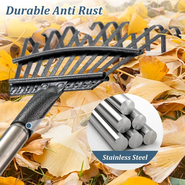 Alt view image 3 of 7 - Garden Leaf Rake, 8.5" Head, 36-74 " Adjustable Handle, Sturdy Steel Tines | 8.5 Narrow Small Head, 36-74 Long Handle, 0.271 In Wide Steel Tines, Carbon Steel Handle, Detachable Portable