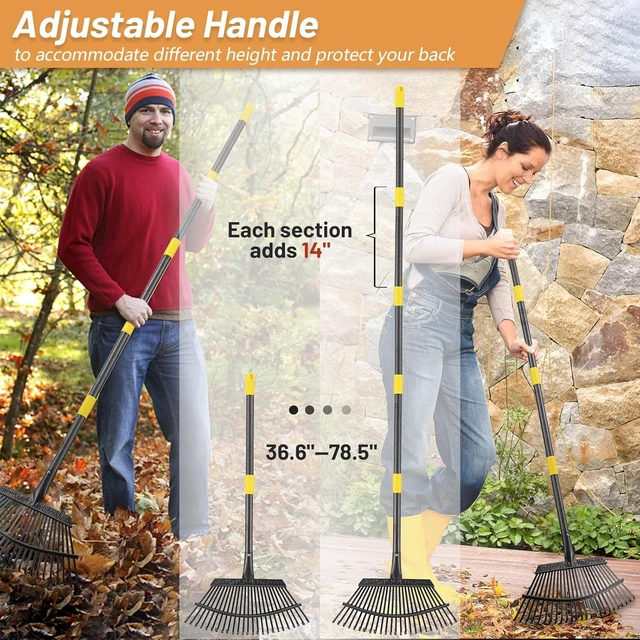 Alt view image 4 of 7 - Garden Leaf Rake, 8.5" Head, 36-74 " Adjustable Handle, Sturdy Steel Tines | 8.5 Narrow Small Head, 36-74 Long Handle, 0.271 In Wide Steel Tines, Carbon Steel Handle, Detachable Portable