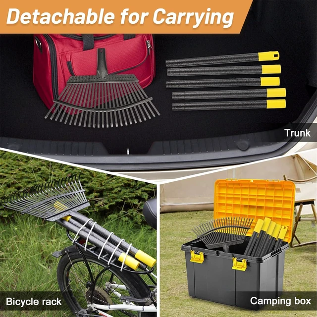 Alt view image 6 of 7 - Garden Leaf Rake, 8.5" Head, 36-74 " Adjustable Handle, Sturdy Steel Tines | 8.5 Narrow Small Head, 36-74 Long Handle, 0.271 In Wide Steel Tines, Carbon Steel Handle, Detachable Portable