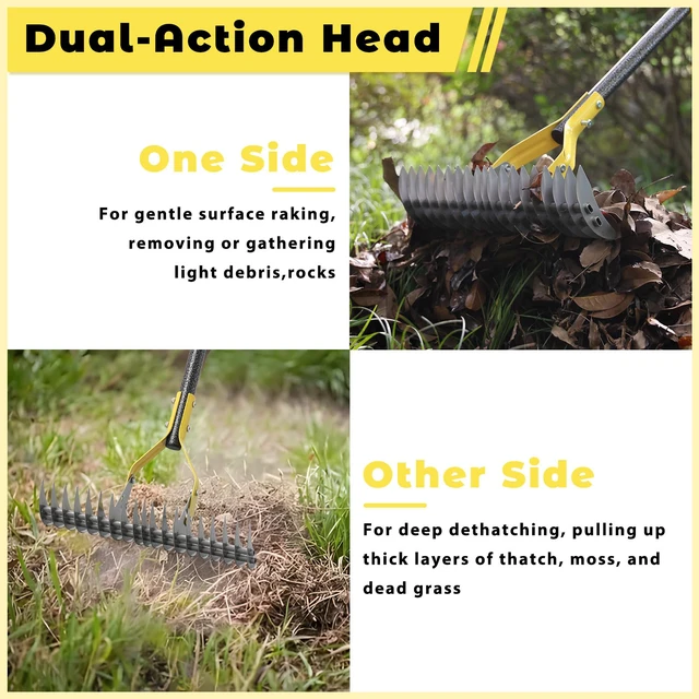 Alt view image 3 of 7 - Thatch Rake,69 Inch Garden Thatching Rake for Grass Removal, 15 Inch Wide Heavy Duty 19 Teeth Steel Metal Garden Leaf Rakes,Landscaping Raking Garden Tools for Lawn Care Loosening Leveling Soil Mulch