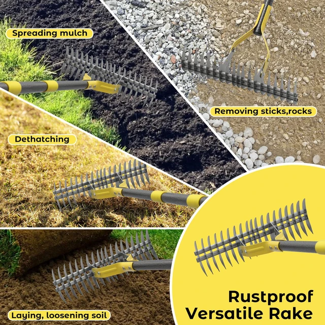 Alt view image 7 of 7 - Thatch Rake,69 Inch Garden Thatching Rake for Grass Removal, 15 Inch Wide Heavy Duty 19 Teeth Steel Metal Garden Leaf Rakes,Landscaping Raking Garden Tools for Lawn Care Loosening Leveling Soil Mulch