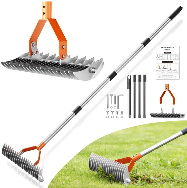 Main image of 21-Tine Thatch Rake for Lawn,15" Heavy Duty Dethatcher Rake with 68" Handle | Dual-Sided Tines, Carbon Steel, 40"-68" Adjustable Handle, Rust-Resistant Coating for Removes Dead Grass, Loosens Soil
