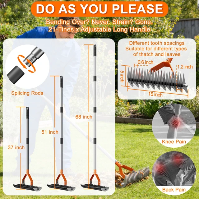 Alt view image 2 of 7 - 21-Tine Thatch Rake for Lawn,15" Heavy Duty Dethatcher Rake with 68" Handle | Dual-Sided Tines, Carbon Steel, 40"-68" Adjustable Handle, Rust-Resistant Coating for Removes Dead Grass, Loosens Soil