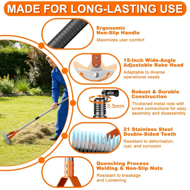 Alt view image 3 of 7 - 21-Tine Thatch Rake for Lawn,15" Heavy Duty Dethatcher Rake with 68" Handle | Dual-Sided Tines, Carbon Steel, 40"-68" Adjustable Handle, Rust-Resistant Coating for Removes Dead Grass, Loosens Soil