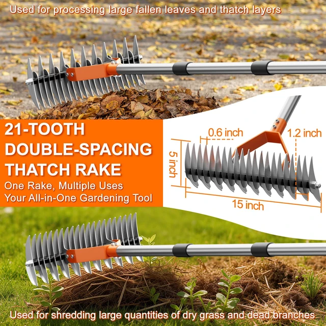 Alt view image 5 of 7 - 21-Tine Thatch Rake for Lawn,15" Heavy Duty Dethatcher Rake with 68" Handle | Dual-Sided Tines, Carbon Steel, 40"-68" Adjustable Handle, Rust-Resistant Coating for Removes Dead Grass, Loosens Soil