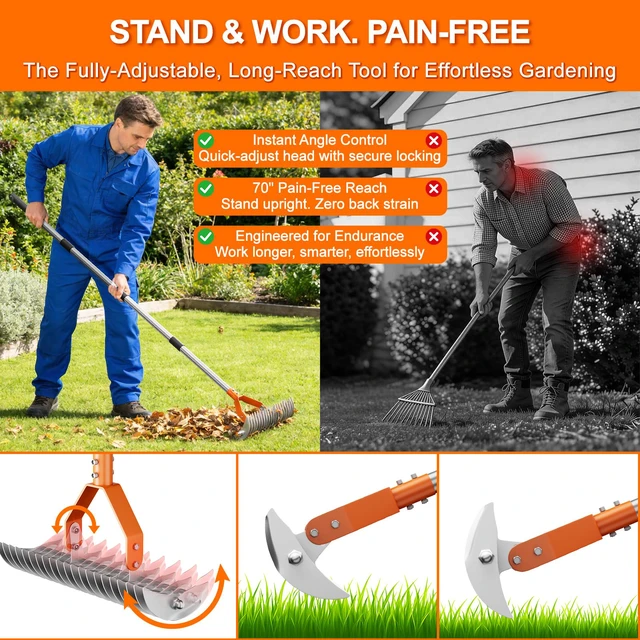 Alt view image 7 of 7 - 21-Tine Thatch Rake for Lawn,15" Heavy Duty Dethatcher Rake with 68" Handle | Dual-Sided Tines, Carbon Steel, 40"-68" Adjustable Handle, Rust-Resistant Coating for Removes Dead Grass, Loosens Soil