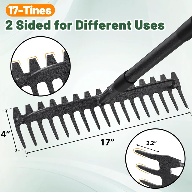 Alt view image 2 of 7 - Garden Rake, 63 Inch Long Handle with 17 Tongs, Heavy Duty Metal Bow Rake for Loosening Leveling Soil, Garden Leaf Rake for Raking Leaves Grass , Weeding, Metal Yard Thatch Lawn Care Garden Tool