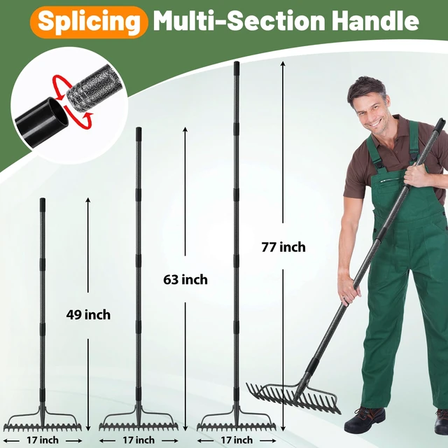 Alt view image 4 of 7 - Garden Rake, 63 Inch Long Handle with 17 Tongs, Heavy Duty Metal Bow Rake for Loosening Leveling Soil, Garden Leaf Rake for Raking Leaves Grass , Weeding, Metal Yard Thatch Lawn Care Garden Tool