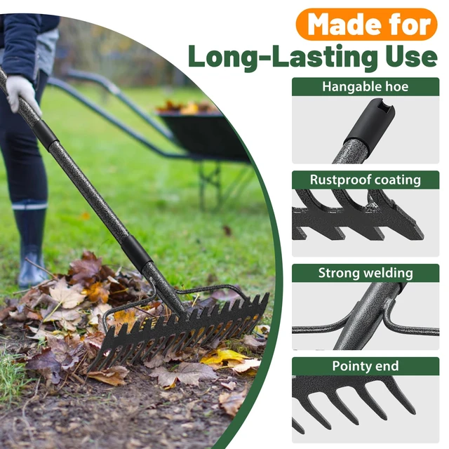 Alt view image 5 of 7 - Garden Rake, 63 Inch Long Handle with 17 Tongs, Heavy Duty Metal Bow Rake for Loosening Leveling Soil, Garden Leaf Rake for Raking Leaves Grass , Weeding, Metal Yard Thatch Lawn Care Garden Tool