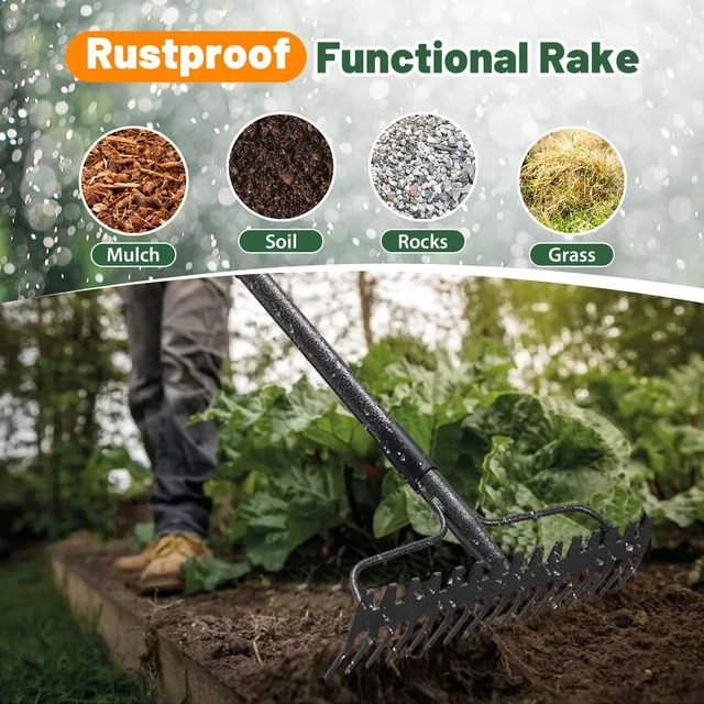 Alt view image 6 of 7 - Garden Rake, 63 Inch Long Handle with 17 Tongs, Heavy Duty Metal Bow Rake for Loosening Leveling Soil, Garden Leaf Rake for Raking Leaves Grass , Weeding, Metal Yard Thatch Lawn Care Garden Tool