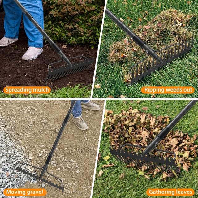 Alt view image 7 of 7 - Garden Rake, 63 Inch Long Handle with 17 Tongs, Heavy Duty Metal Bow Rake for Loosening Leveling Soil, Garden Leaf Rake for Raking Leaves Grass , Weeding, Metal Yard Thatch Lawn Care Garden Tool