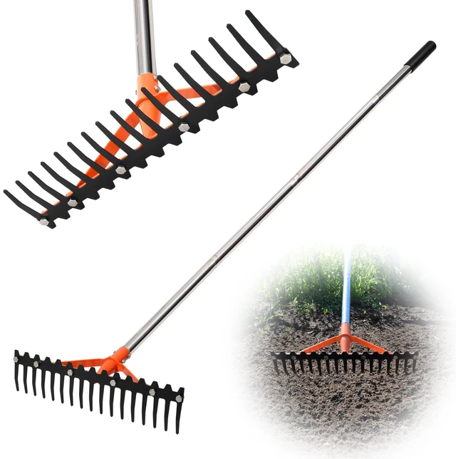 Main image of 62 Inch Garden Rake with 17 Tempered Spring Steel Tines | Heavy Duty Rake for Lawns Adjustable Stainless Steel Long Handle, for Grass Leaves Yard Work Soil Loosening