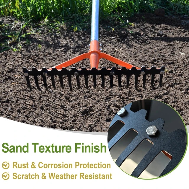 Alt view image 2 of 7 - 62 Inch Garden Rake with 17 Tempered Spring Steel Tines | Heavy Duty Rake for Lawns Adjustable Stainless Steel Long Handle, for Grass Leaves Yard Work Soil Loosening