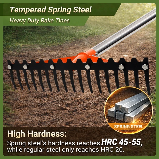 Alt view image 3 of 7 - 62 Inch Garden Rake with 17 Tempered Spring Steel Tines | Heavy Duty Rake for Lawns Adjustable Stainless Steel Long Handle, for Grass Leaves Yard Work Soil Loosening