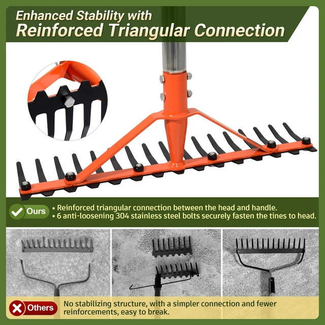 Alt view image 4 of 7 - 62 Inch Garden Rake with 17 Tempered Spring Steel Tines | Heavy Duty Rake for Lawns Adjustable Stainless Steel Long Handle, for Grass Leaves Yard Work Soil Loosening