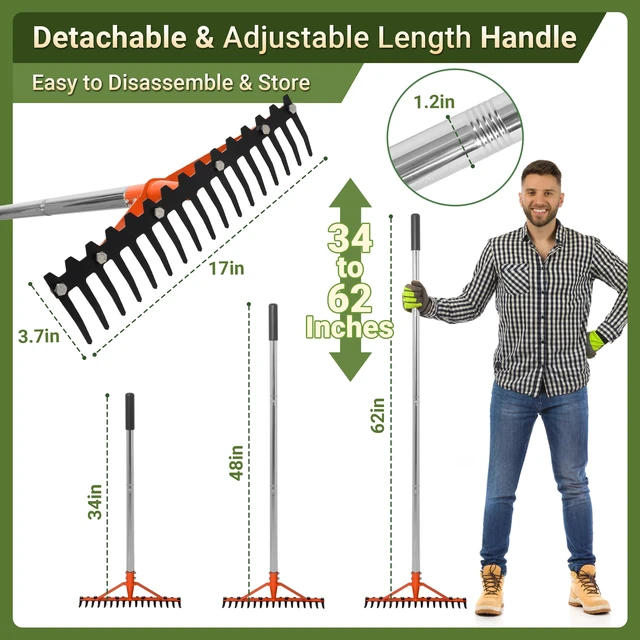 Alt view image 5 of 7 - 62 Inch Garden Rake with 17 Tempered Spring Steel Tines | Heavy Duty Rake for Lawns Adjustable Stainless Steel Long Handle, for Grass Leaves Yard Work Soil Loosening