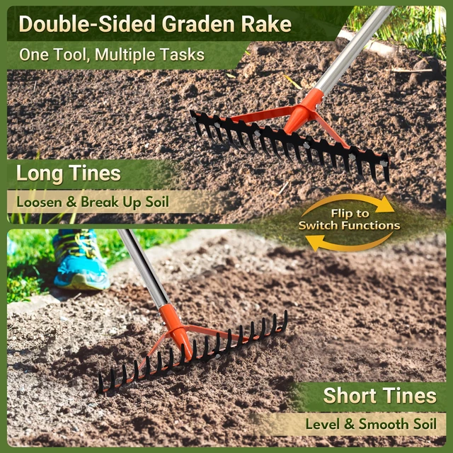 Alt view image 6 of 7 - 62 Inch Garden Rake with 17 Tempered Spring Steel Tines | Heavy Duty Rake for Lawns Adjustable Stainless Steel Long Handle, for Grass Leaves Yard Work Soil Loosening