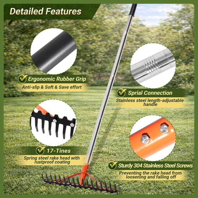 Alt view image 7 of 7 - 62 Inch Garden Rake with 17 Tempered Spring Steel Tines | Heavy Duty Rake for Lawns Adjustable Stainless Steel Long Handle, for Grass Leaves Yard Work Soil Loosening