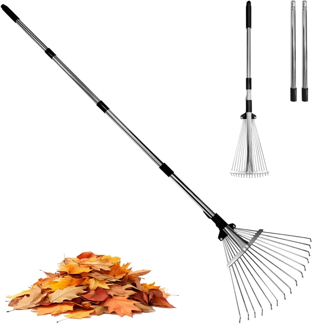 Main image of Garden Rake for Leaves,Heavy Duty Metal Adjustable Leaf Rake for Lawns,Long Handle 33"-69" with Expandable Head 8"-15",Garden Tools for Yard Lawn Shrub Garden Beds