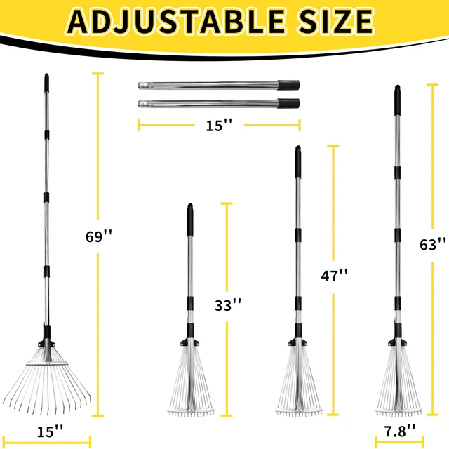 Alt view image 2 of 7 - Garden Rake for Leaves,Heavy Duty Metal Adjustable Leaf Rake for Lawns,Long Handle 33"-69" with Expandable Head 8"-15",Garden Tools for Yard Lawn Shrub Garden Beds