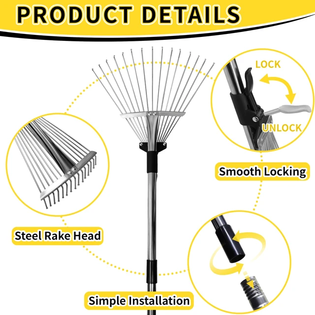 Alt view image 3 of 7 - Garden Rake for Leaves,Heavy Duty Metal Adjustable Leaf Rake for Lawns,Long Handle 33"-69" with Expandable Head 8"-15",Garden Tools for Yard Lawn Shrub Garden Beds