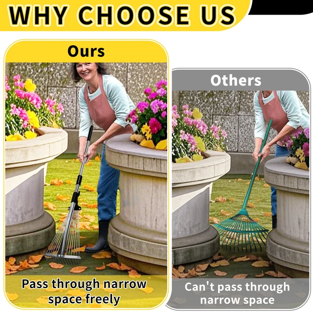 Alt view image 4 of 7 - Garden Rake for Leaves,Heavy Duty Metal Adjustable Leaf Rake for Lawns,Long Handle 33"-69" with Expandable Head 8"-15",Garden Tools for Yard Lawn Shrub Garden Beds