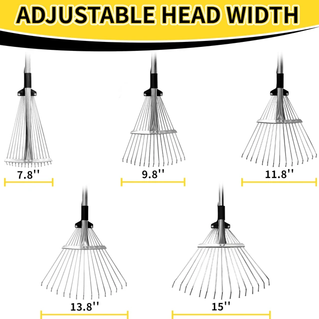 Alt view image 5 of 7 - Garden Rake for Leaves,Heavy Duty Metal Adjustable Leaf Rake for Lawns,Long Handle 33"-69" with Expandable Head 8"-15",Garden Tools for Yard Lawn Shrub Garden Beds