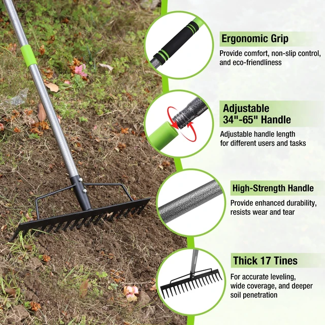 Alt view image 2 of 7 - 65 Inch Bow Rake, 17-Tine Metal Head Rake with Adjustable Handle | Heavy-Duty Garden Rake, High-Strength Handle, for Loosening Soil, Gathering Leaves, Leveling Lawn, Farming Land