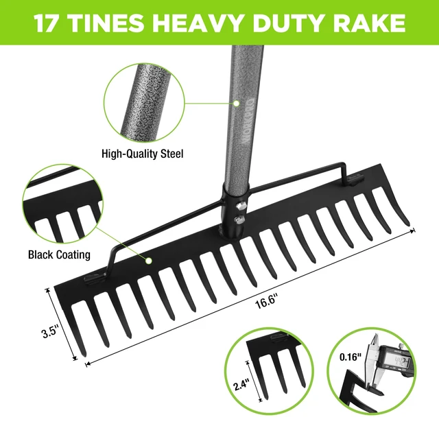 Alt view image 3 of 7 - 65 Inch Bow Rake, 17-Tine Metal Head Rake with Adjustable Handle | Heavy-Duty Garden Rake, High-Strength Handle, for Loosening Soil, Gathering Leaves, Leveling Lawn, Farming Land