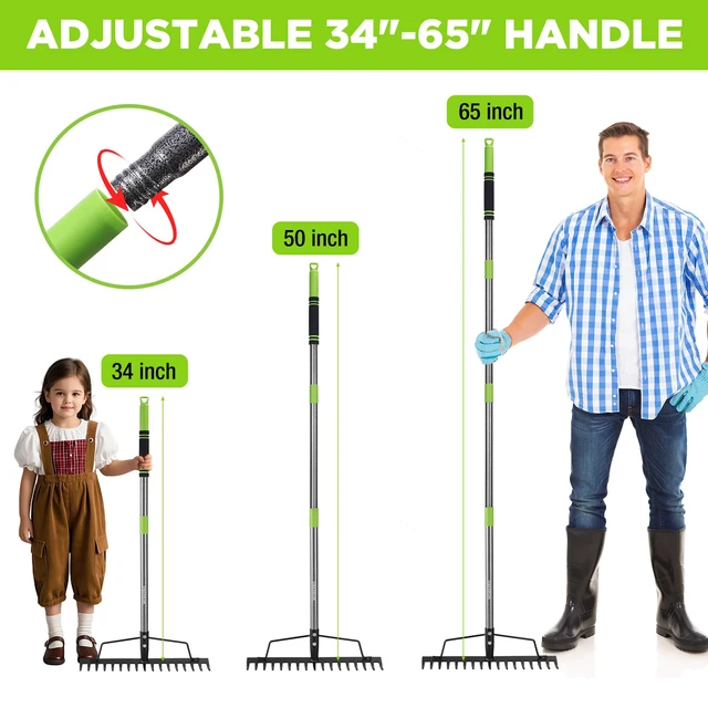 Alt view image 5 of 7 - 65 Inch Bow Rake, 17-Tine Metal Head Rake with Adjustable Handle | Heavy-Duty Garden Rake, High-Strength Handle, for Loosening Soil, Gathering Leaves, Leveling Lawn, Farming Land
