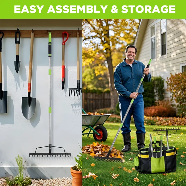 Alt view image 6 of 7 - 65 Inch Bow Rake, 17-Tine Metal Head Rake with Adjustable Handle | Heavy-Duty Garden Rake, High-Strength Handle, for Loosening Soil, Gathering Leaves, Leveling Lawn, Farming Land