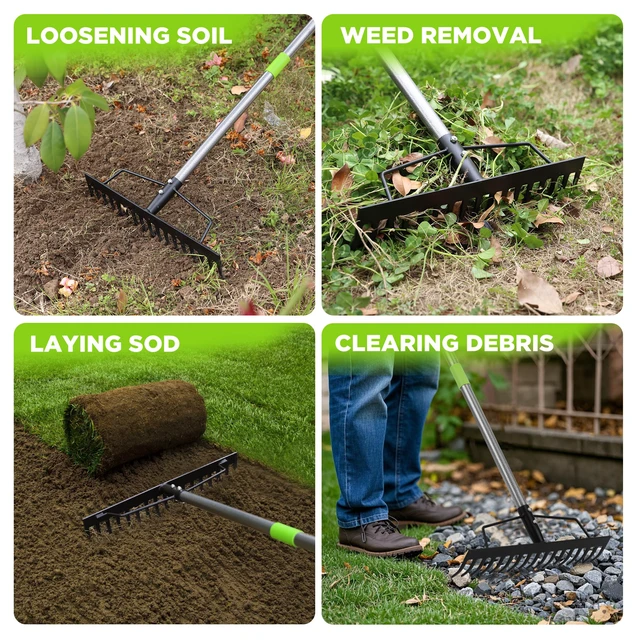Alt view image 7 of 7 - 65 Inch Bow Rake, 17-Tine Metal Head Rake with Adjustable Handle | Heavy-Duty Garden Rake, High-Strength Handle, for Loosening Soil, Gathering Leaves, Leveling Lawn, Farming Land