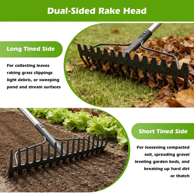 Alt view image 2 of 7 - 63" Bow Rake,Heavy Duty Metal Garden Rake for Moving Gravel Loosening Soil Leveling Ground Gathering Leaf Debris Spreading Mulch, 17 Tines,Adjustable Handle, for Lawn Garden Farm Landscape Work